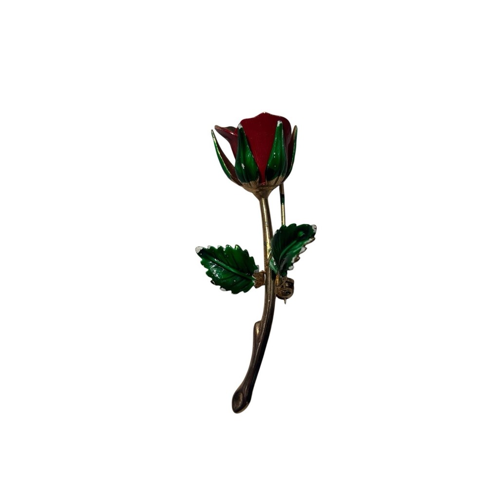 Vintage Gold Tone Enamel Red Rose Flower Green Stem Romantic Brooch Pin